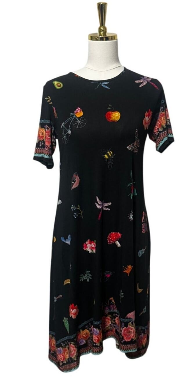 Johnny Was Black Bamboo Jersey Whimsical Print Short Sleeve Dress, Size S